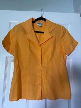 Bright Orange Button-Up Short Sleeve Blouse 100% linen